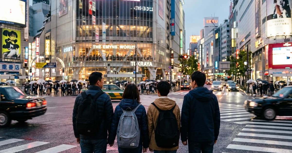 A family with two teenagers crossing a busy Tokyo pedestrian intersection at dusk, seen from behind, with glowing city high-rises behind them