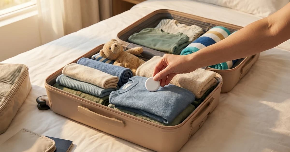 An open family suitcase on a hotel bed with a small round Bluetooth tracker tucked between folded clothes, warm morning light from a window.