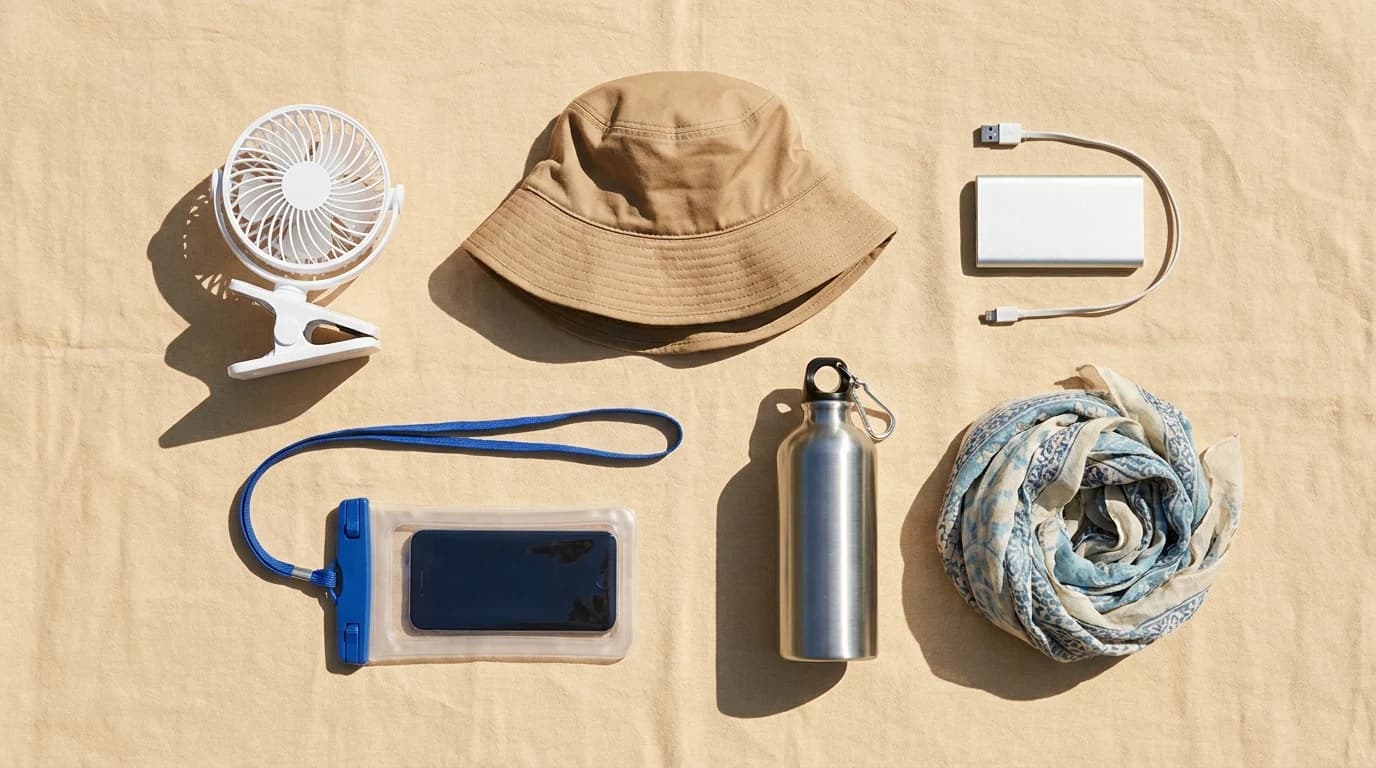 Overhead flat-lay of a family summer-travel kit: clip fan, packable sun hat, waterproof phone pouch, insulated bottle, and power bank on warm linen.