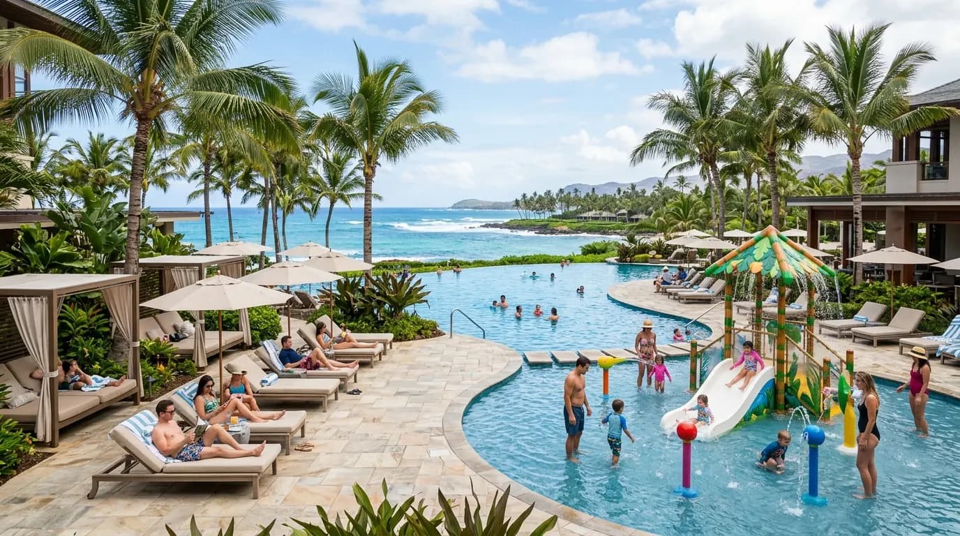 Family resort pool area with waterslides and palm trees