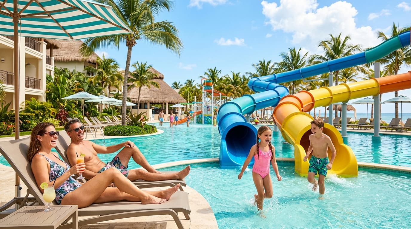 Family resort pool area with waterslides, palm trees, and families swimming in turquoise water