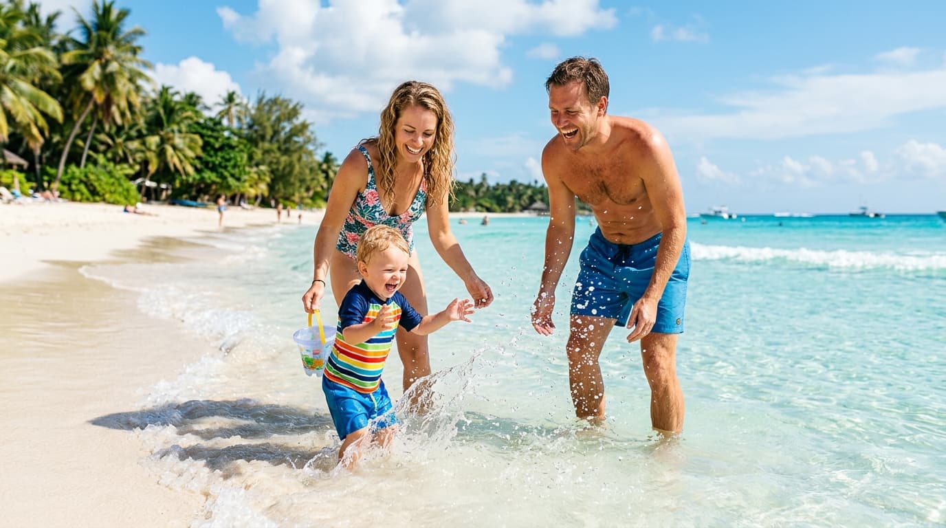Toddler playing in calm shallow ocean water at a tropical beach with white sand
