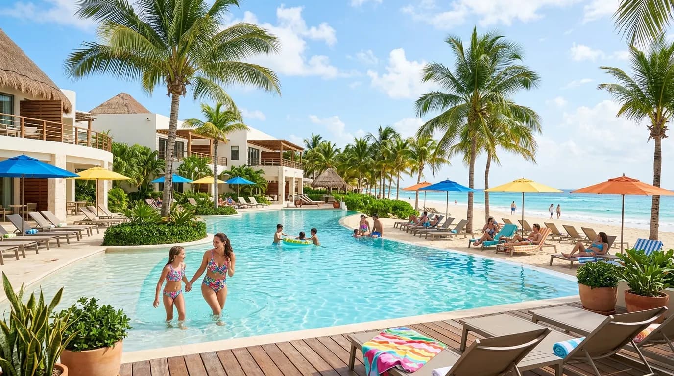 Affordable beachfront resort with pool and palm trees at sunset