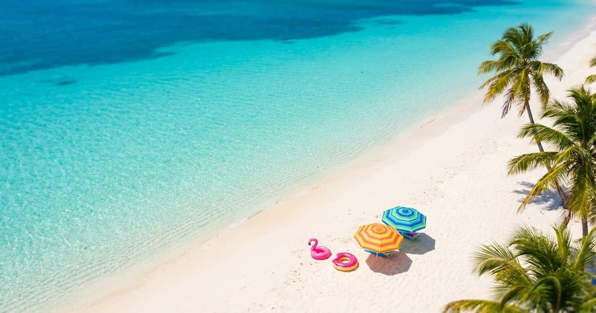 A calm, shallow turquoise Caribbean beach with soft white sand and palm trees, ideal for families with young kids