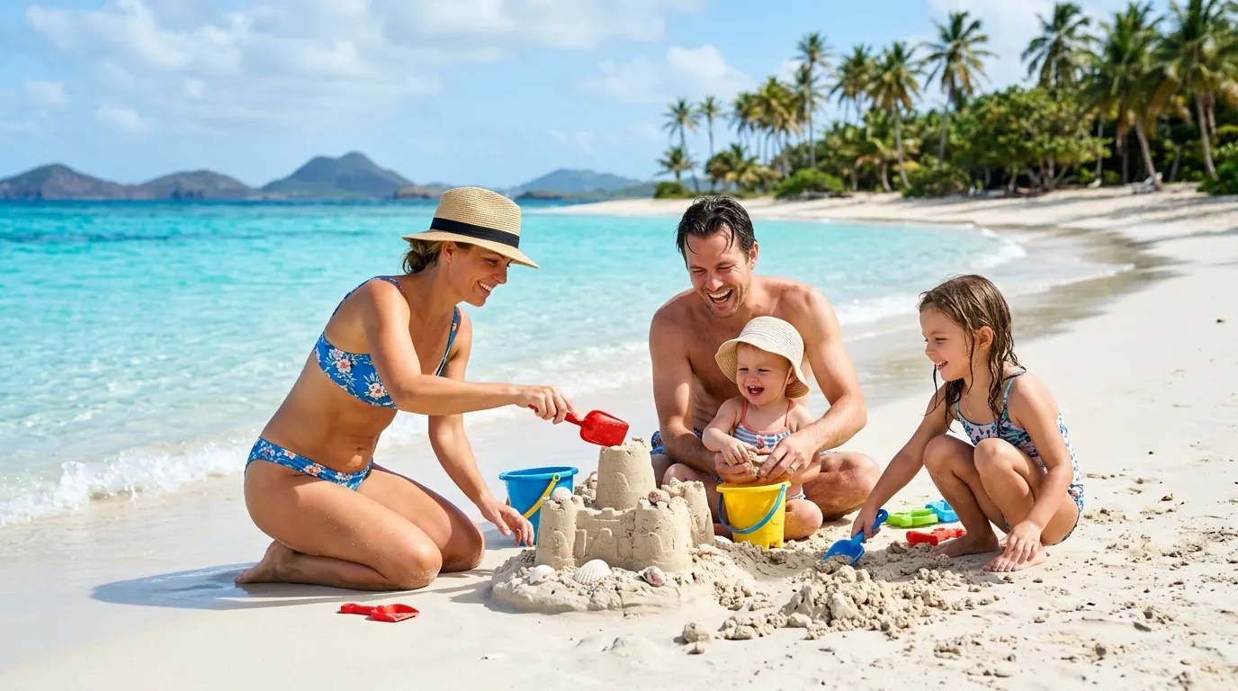 Family playing on a tropical beach with turquoise water and palm trees