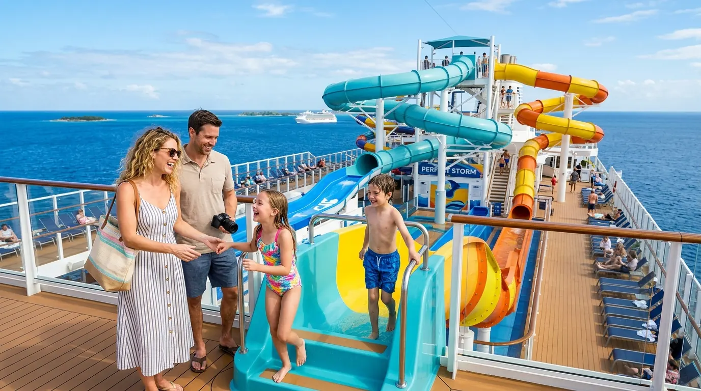 Family on cruise ship deck with waterslide and ocean view in background
