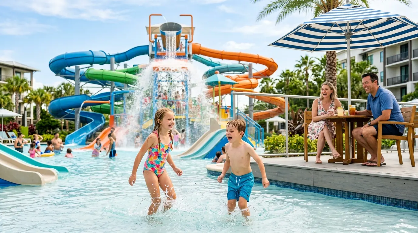 Family enjoying a resort water park with colorful waterslides and splash pad