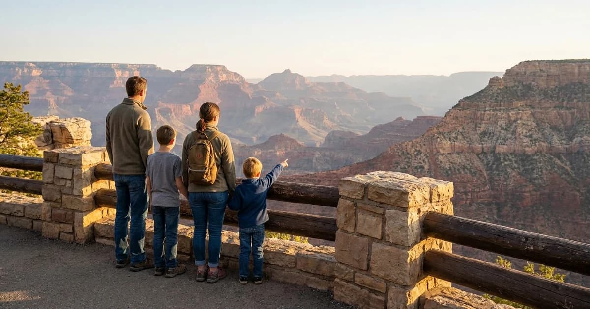 A family of four seen from behind at a railed canyon overlook in a US national park at golden hour, the younger child pointing out at the view