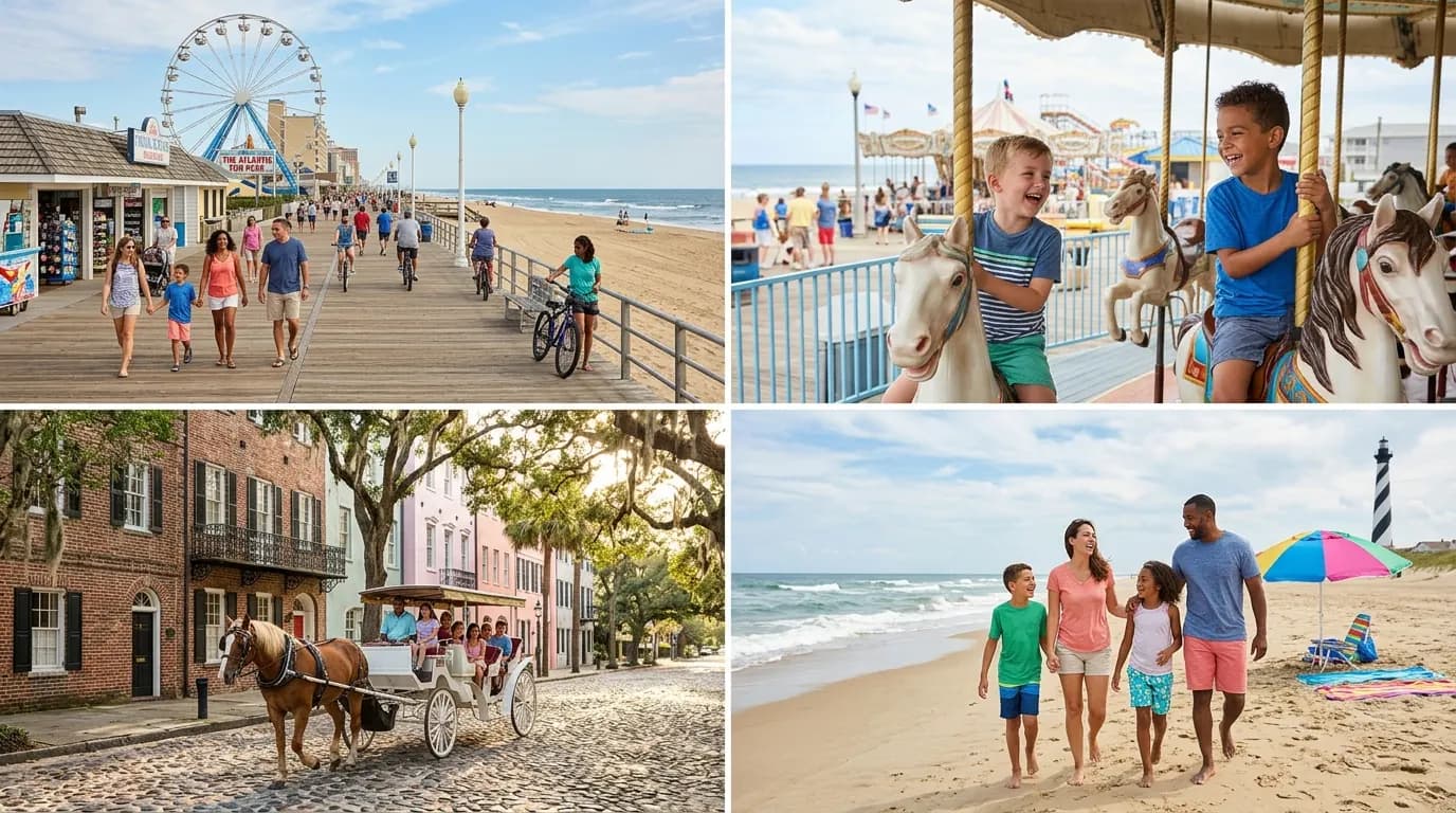 Family walking on a boardwalk at an East Coast beach town at sunset