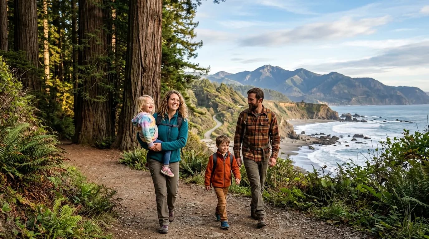 Family exploring tide pools on a rocky West Coast beach with ocean cliffs