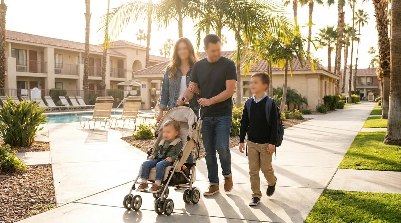 A family with a toddler in a stroller and a school-age child walking along a sunny palm-lined path past a hotel pool in Southern California