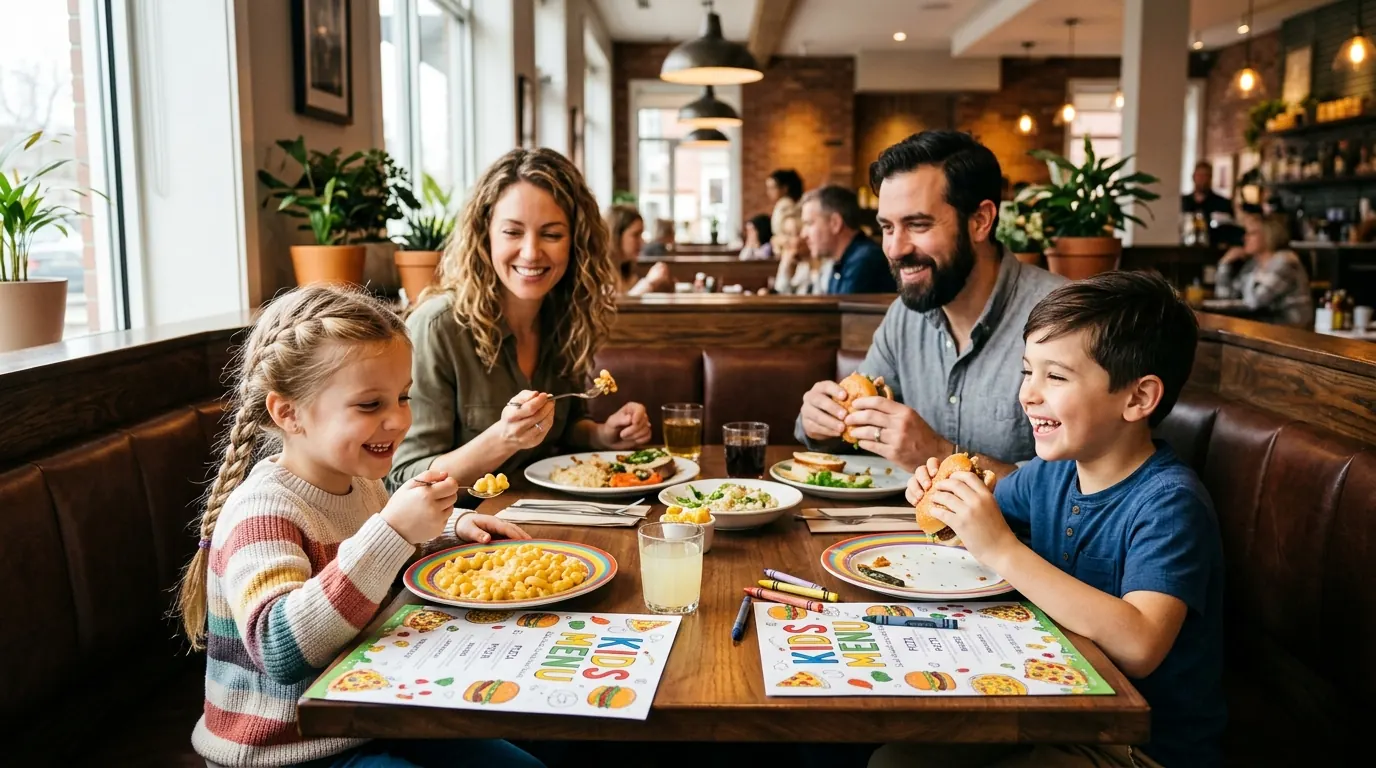 Family with young children dining happily at a casual restaurant booth