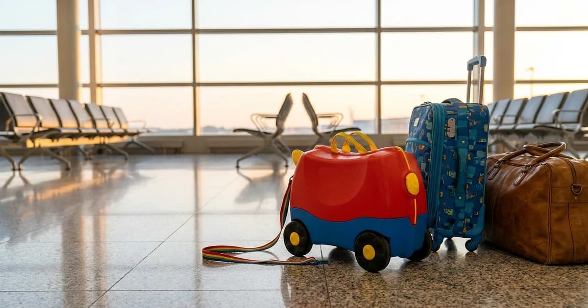 A child's ride-on suitcase, a kid-sized roller case and an adult carry-on lined up on the floor of a sunlit airport departures hall