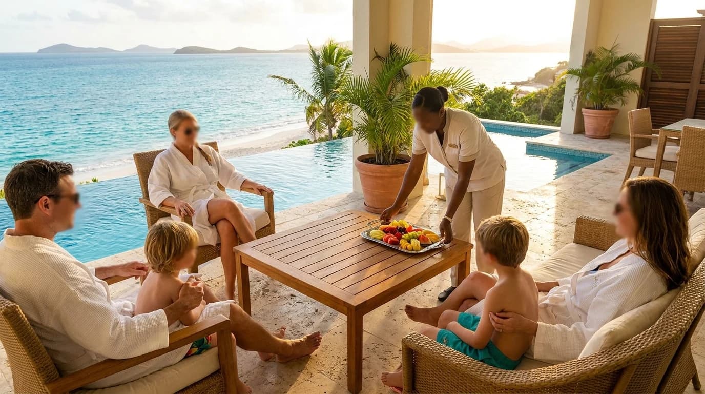 A family with two young boys relaxing on the plunge-pool terrace of an oceanfront resort suite while a staff member sets down a tray of fresh fruit