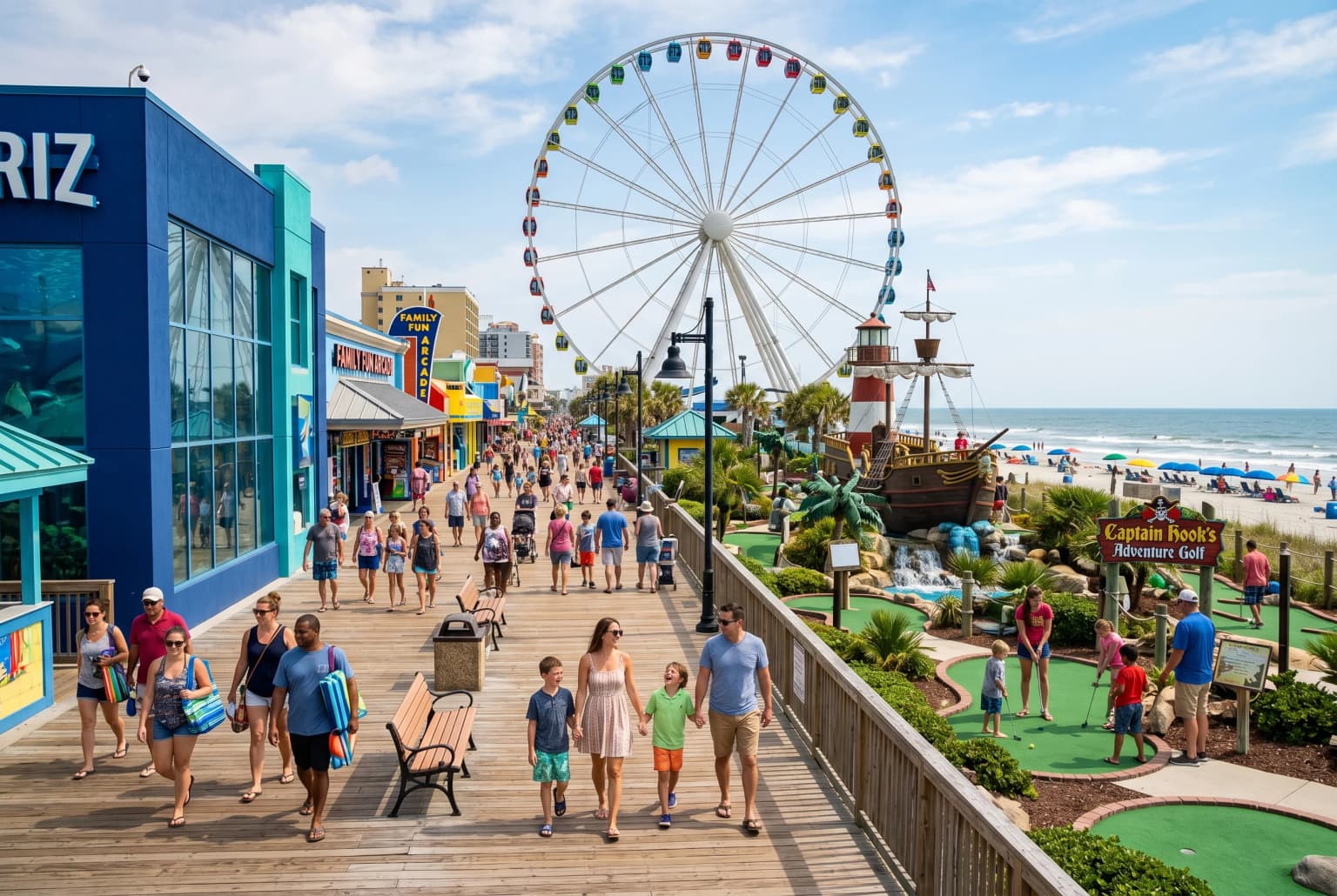 Myrtle Beach family attractions near a sunny coastal boardwalk