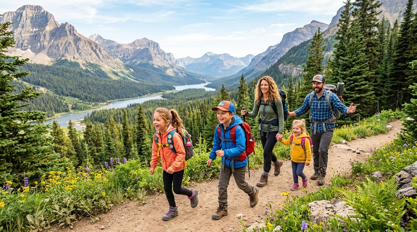 Family hiking together on a trail in a national park with mountains and forest in the background