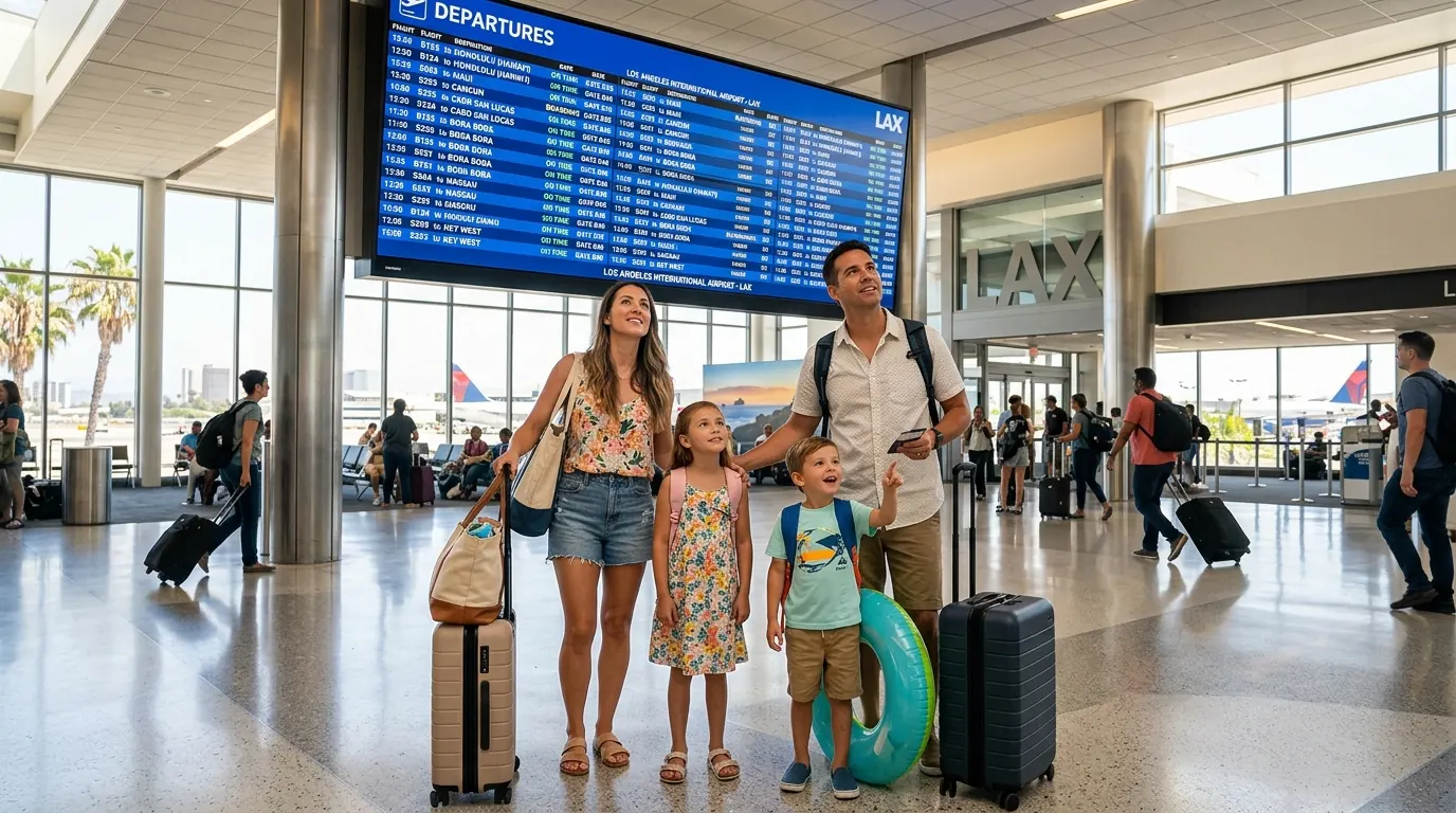 Family at LAX airport looking at departure board with carry-on luggage