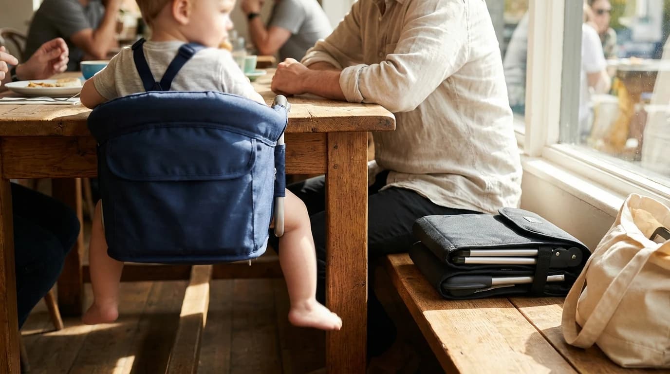 A toddler sitting in a fabric hook-on high chair clipped to a wooden restaurant table, with a folded travel booster seat on the bench beside a parent
