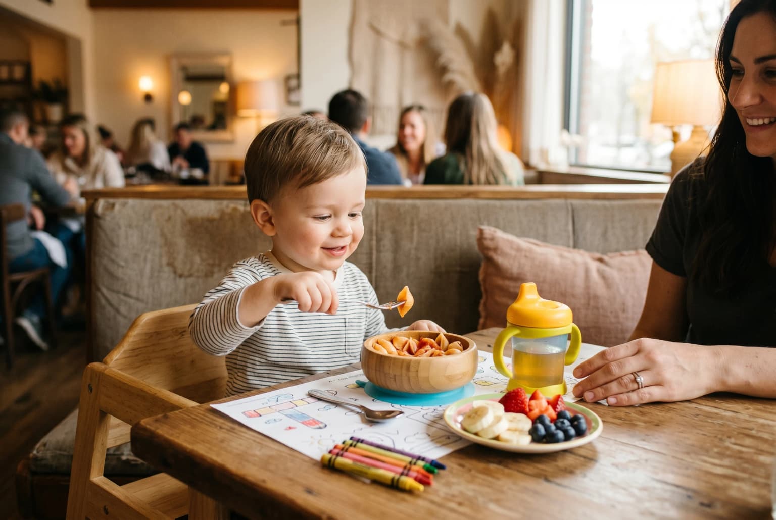 Toddler-friendly restaurant booth with simple meal and crayons
