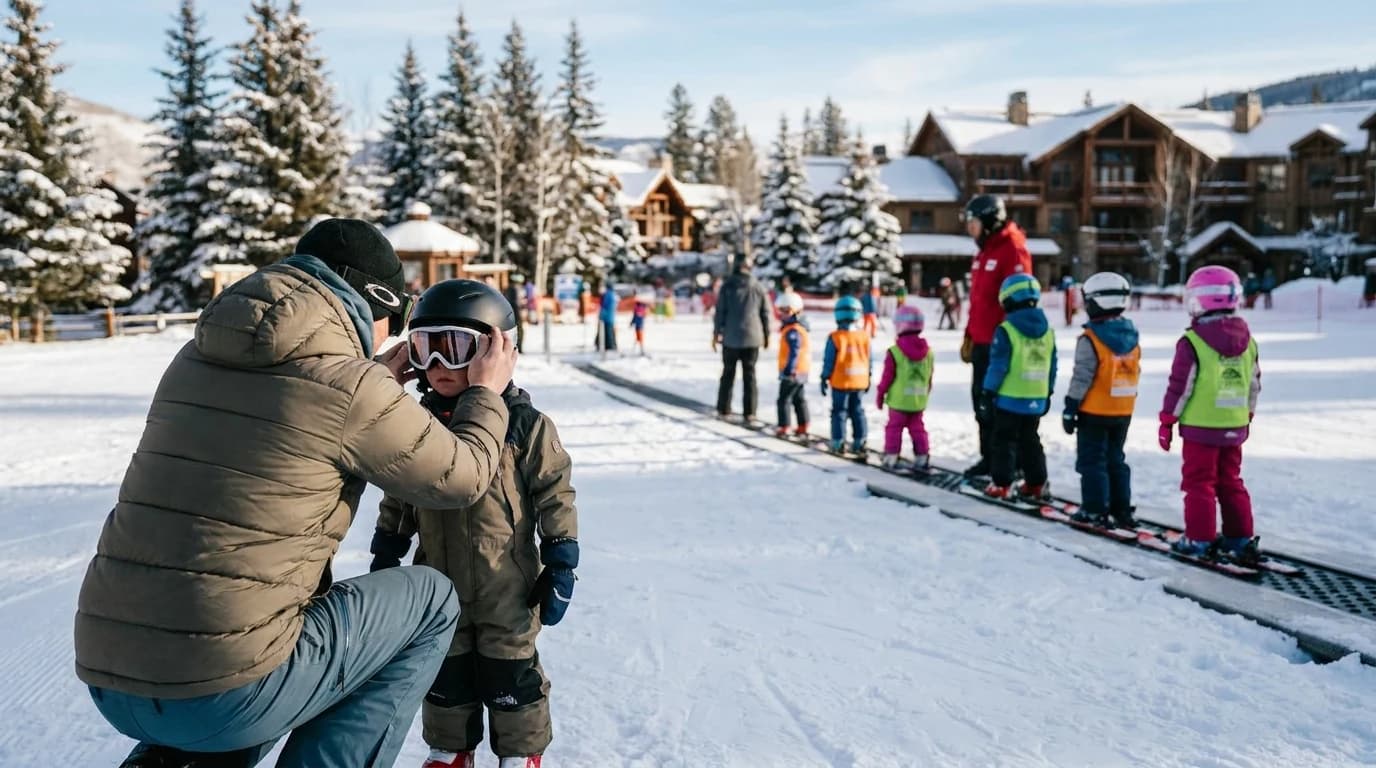 A parent adjusting a young child's ski goggles at the bottom of a beginner slope while a ski-school group of kids in helmets waits on a magic carpet