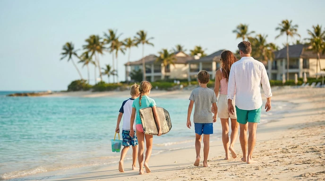 A family with three kids walking barefoot along a calm turquoise beach, one child carrying a bucket and another a boogie board, palm trees behind