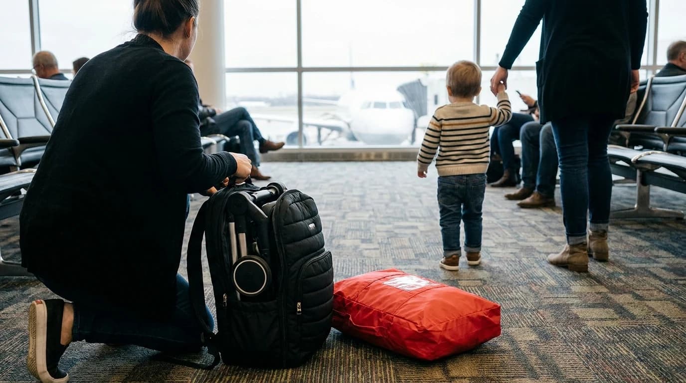 A parent kneeling at an airport gate beside a folded stroller in a padded black backpack bag, with a red unpadded gate-check bag on the carpet and a toddler walking toward the window