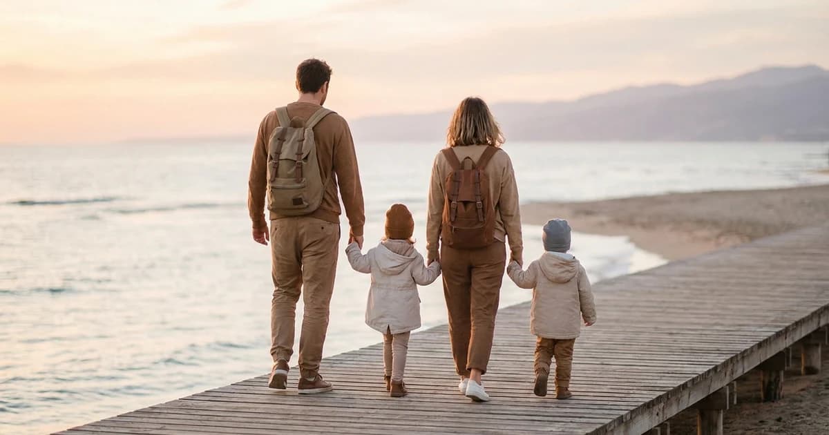 A family with two young children walking along a quiet, sunlit beach boardwalk in calm shoulder-season weather with few other people around