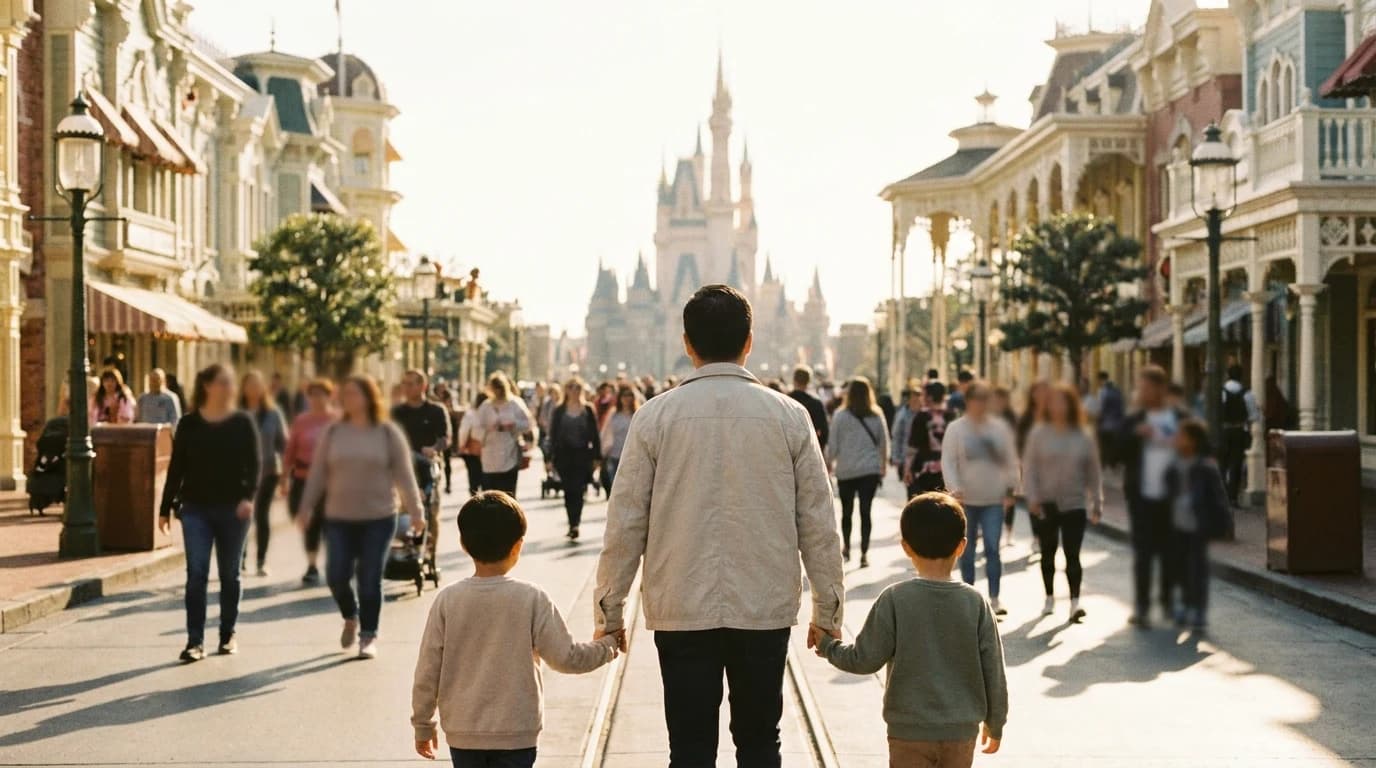 A parent and two young children walking hand in hand down a sunny theme-park-style main street toward a distant castle silhouette in warm afternoon light.