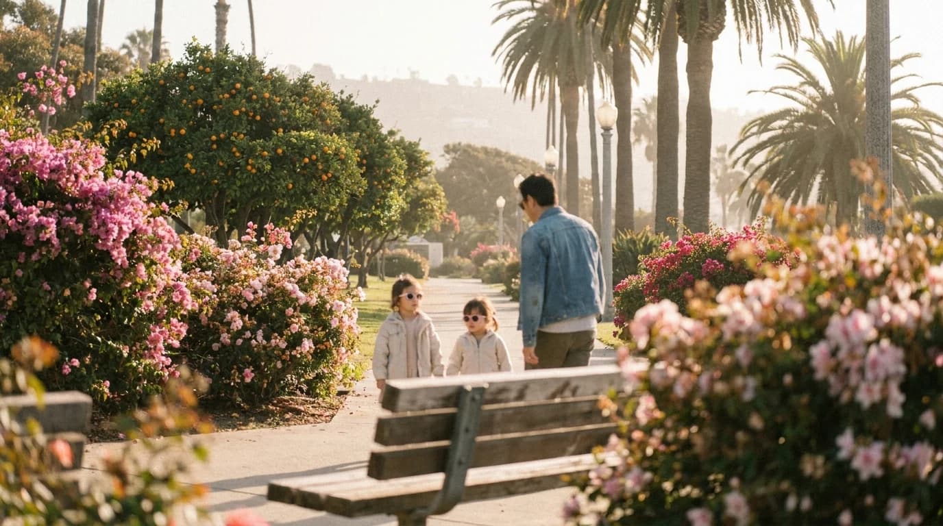 A parent and two young children in sunglasses walking past blooming pink flowers and palm trees on a mild sunny Southern California day