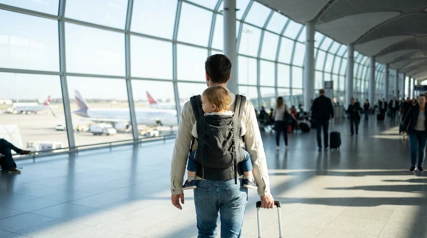 A parent walking through a bright airport terminal with a toddler in a soft carrier on their back and a carry-on suitcase