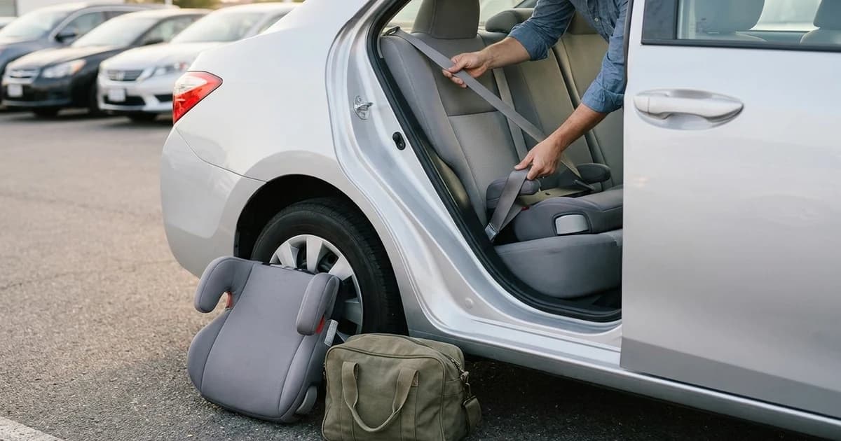 A grey backless booster cushion on the concrete beside the open rear door of a silver rental sedan, with a parent's hands guiding the seat belt across a second booster on the back seat.