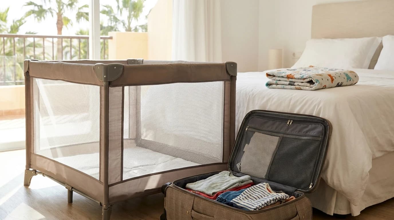 A lightweight travel crib set up in a sunny vacation-rental bedroom beside an open suitcase