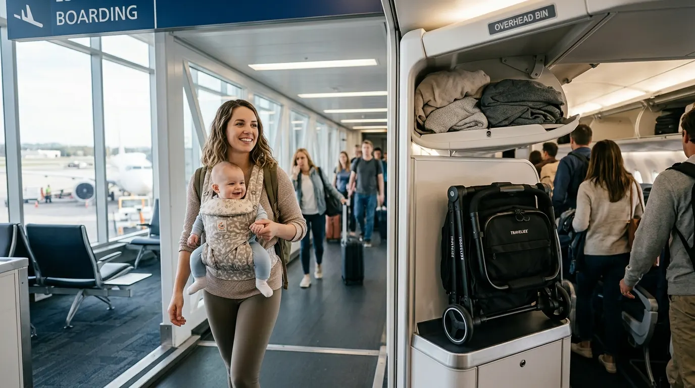 Compact travel stroller folded next to an airport gate with a family in the background