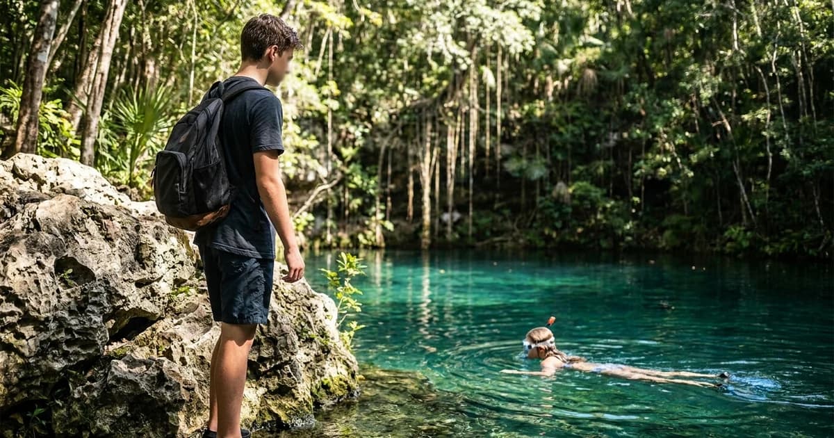 Two teenagers snorkeling in a turquoise cenote near Cancun, Mexico