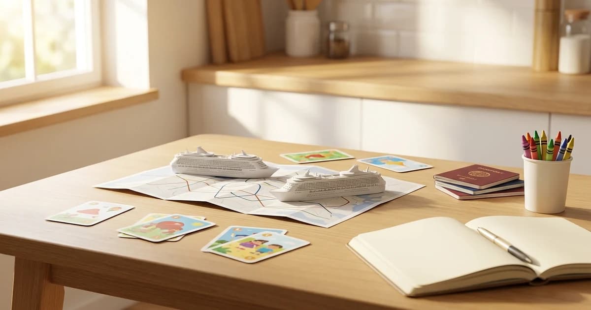 Family cruise planning table with colorful ship activity cards and kids club notes