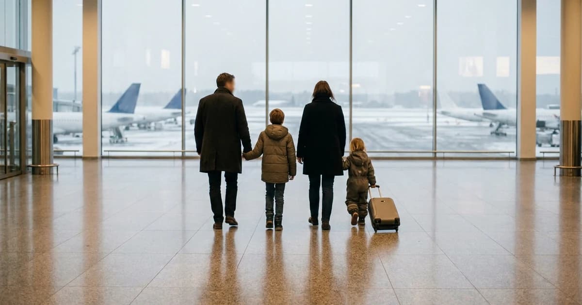 Family with two children walking through an airport terminal toward windows overlooking a snowy tarmac