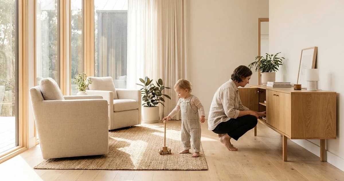 Parent crouching at toddler eye level in a sunlit vacation rental living room checking a low cabinet while a small child stands nearby