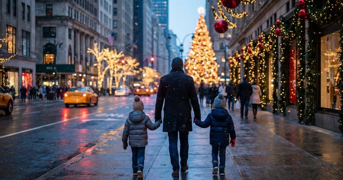 A parent and two young children in winter coats walking hand in hand along a festive New York City avenue at dusk, with holiday lights and a glowing Christmas tree ahead