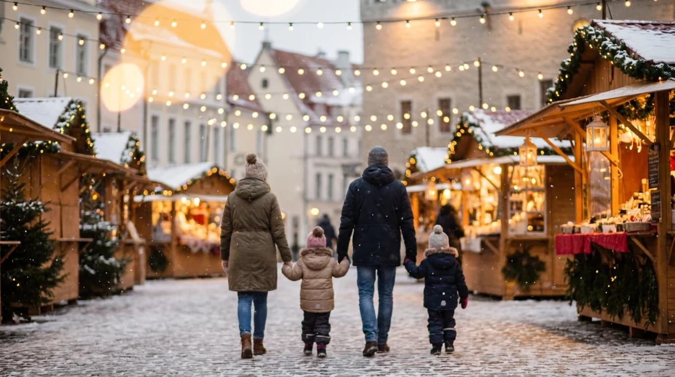A family with two young children in winter coats walking past glowing Christmas market stalls on a snowy old-town street at dusk