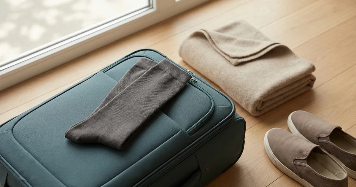 A folded pair of grey knee-high compression socks resting on a teal carry-on suitcase beside a travel blanket and slip-on shoes by a sunlit window.