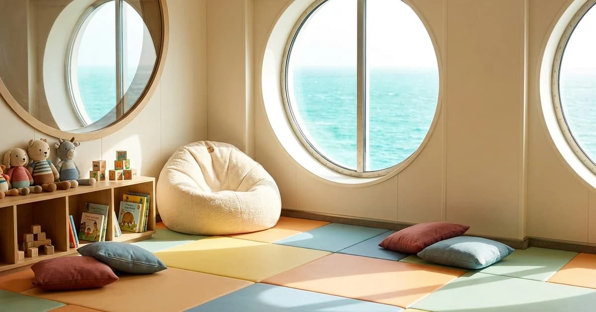 Bright, toy-filled cruise ship children's nursery play space with soft mats, cushions, and a porthole window