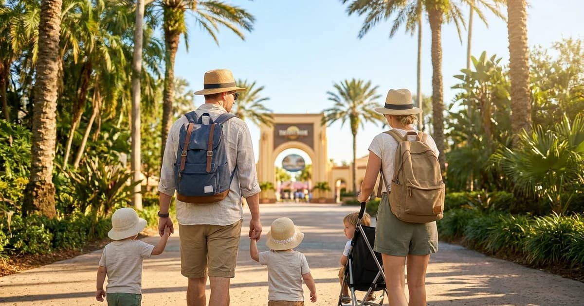 A young family with small children walking toward the entrance of a sunny Florida theme park in the morning, seen from behind, with palm trees and a bright sky