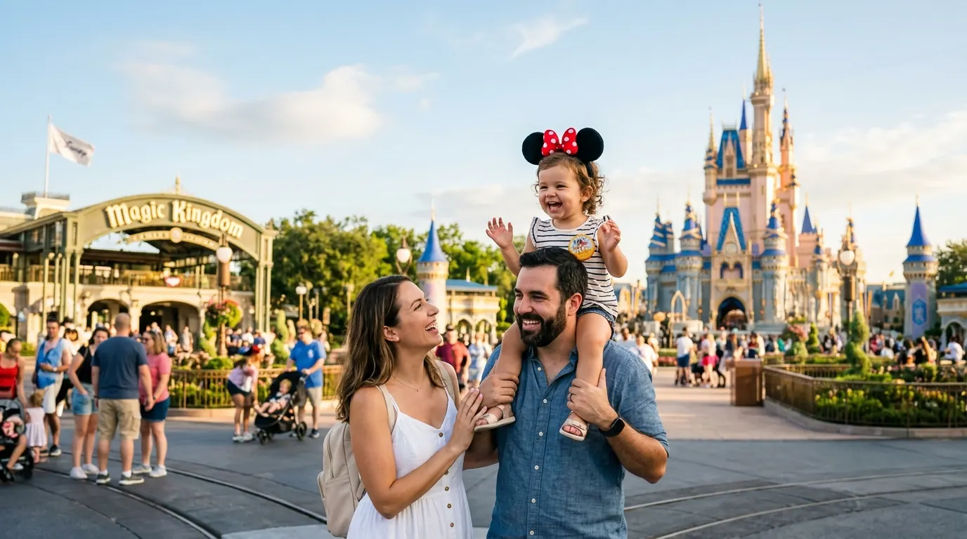 Toddler wearing Mickey ears looking up at Cinderella Castle at Magic Kingdom