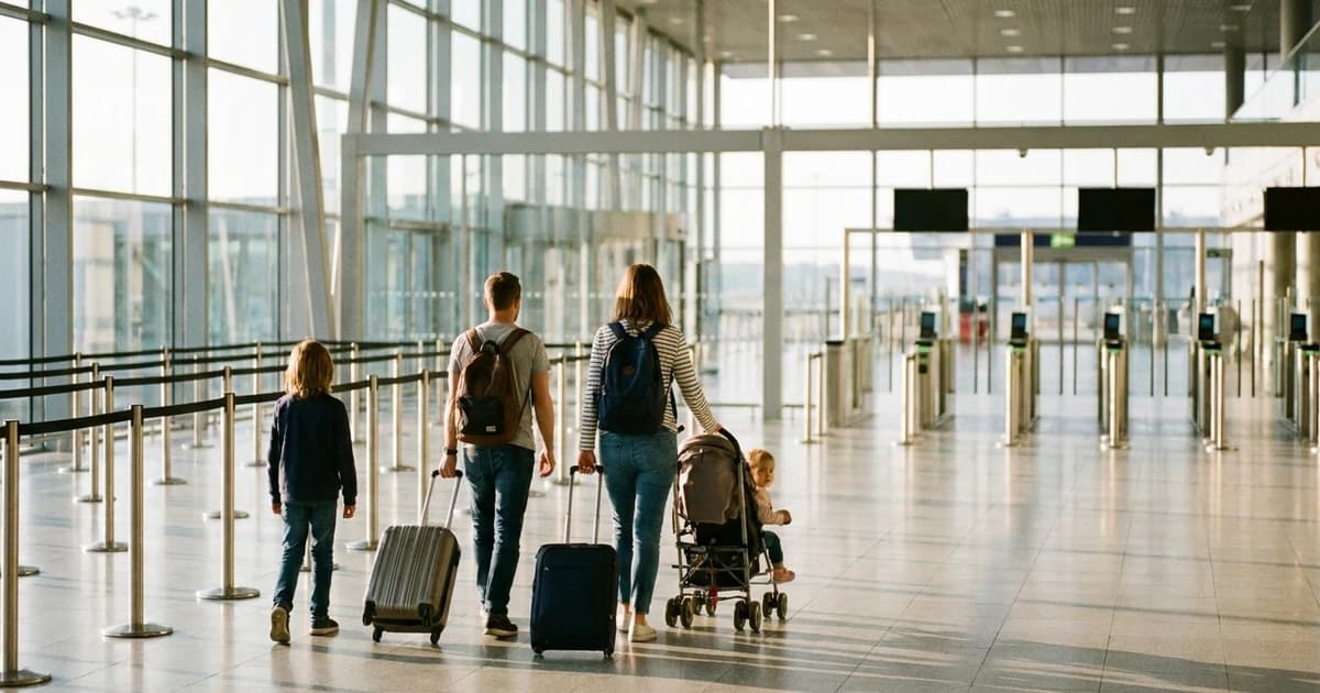 A family walking through a bright modern European airport arrivals hall with luggage, on their way to passport control.