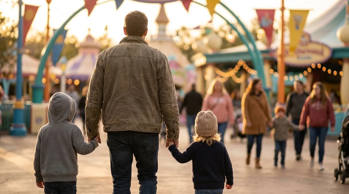 A parent and two children walking hand in hand along a colorful theme park promenade at golden hour, with soft crowds in the background