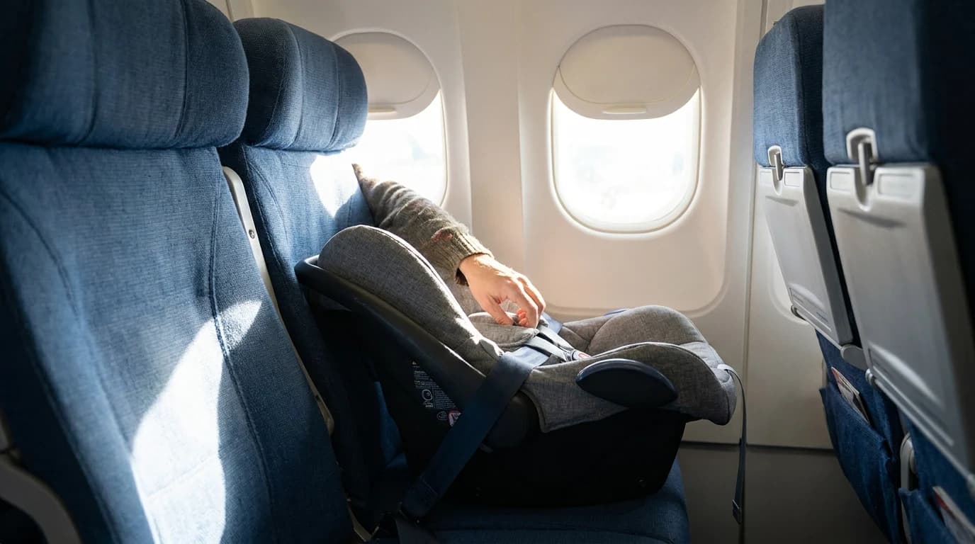 A rear-facing infant car seat buckled into an airplane window seat with the lap belt, sunlight through the cabin window