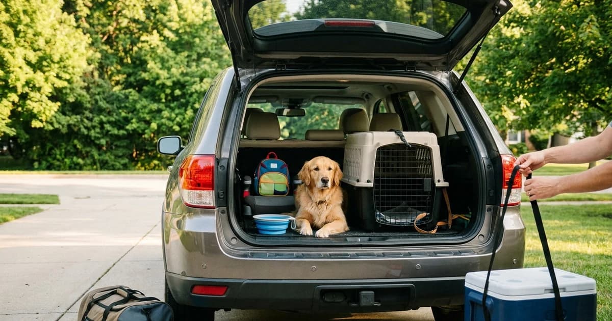 Golden retriever secured in the cargo area of a packed family SUV before a road trip, kids' gear visible on the back seat