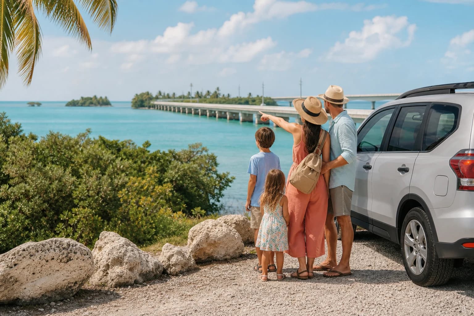 A family with two children looking across turquoise water toward bridges and islands on a Florida Keys road trip.