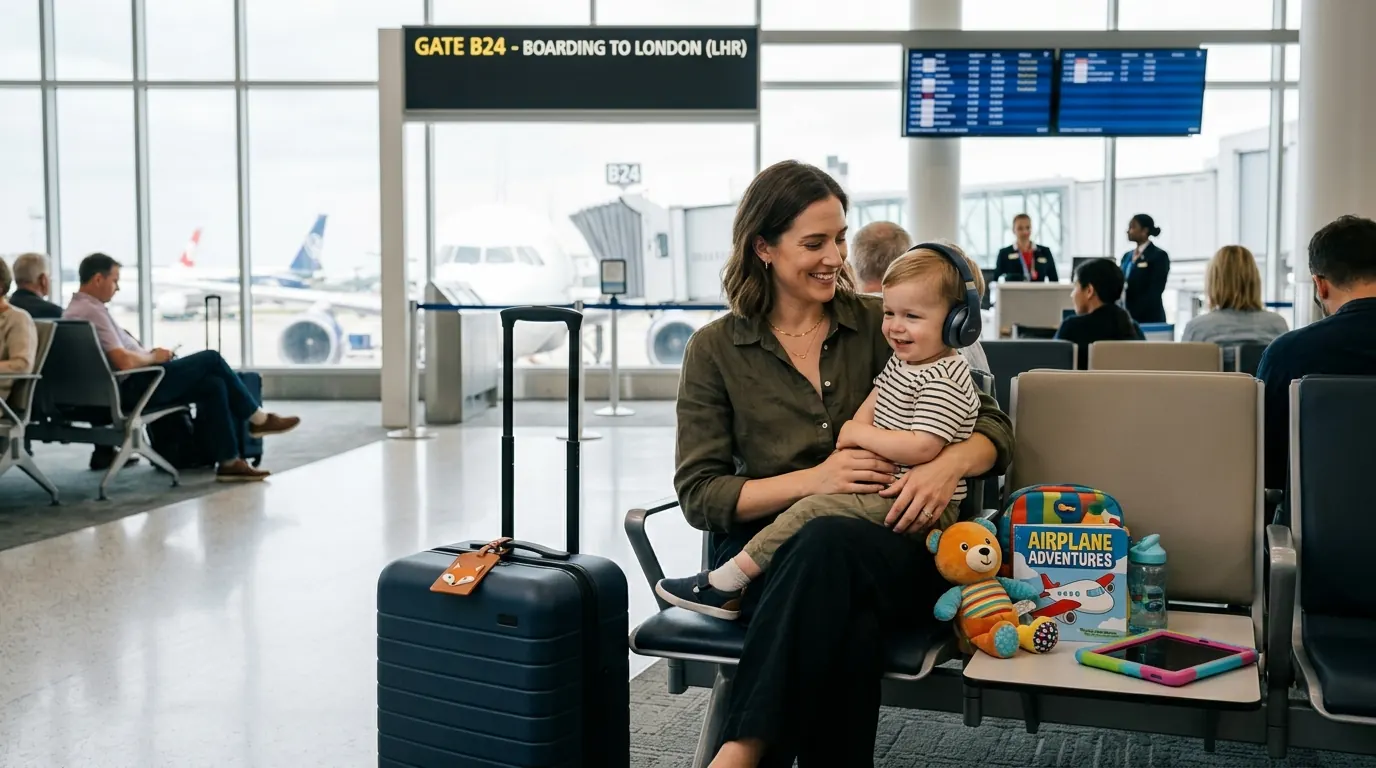 Toddler looking out an airplane window with a stuffed animal