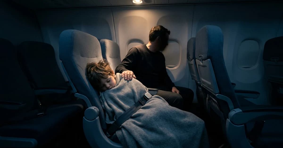 A young child asleep in a window seat on a dimmed night flight, blanket pulled up with the seatbelt fastened over it, a parent awake in the seat alongside.